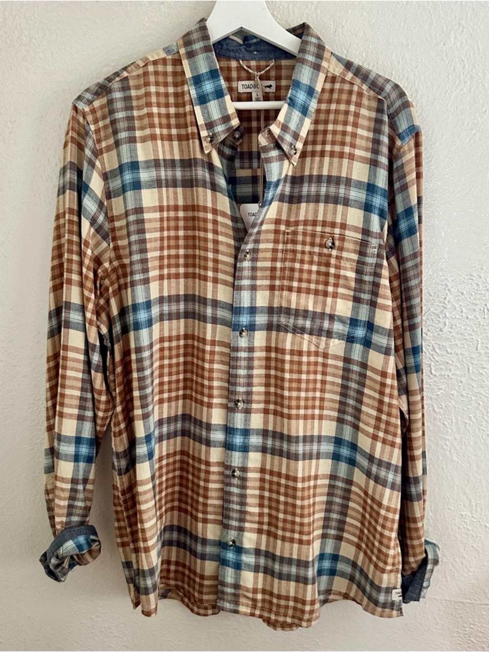 Toad&Co Men’s Brown & Blue Plaid Button-Down Shirt, Size Large, Airsmyth Style